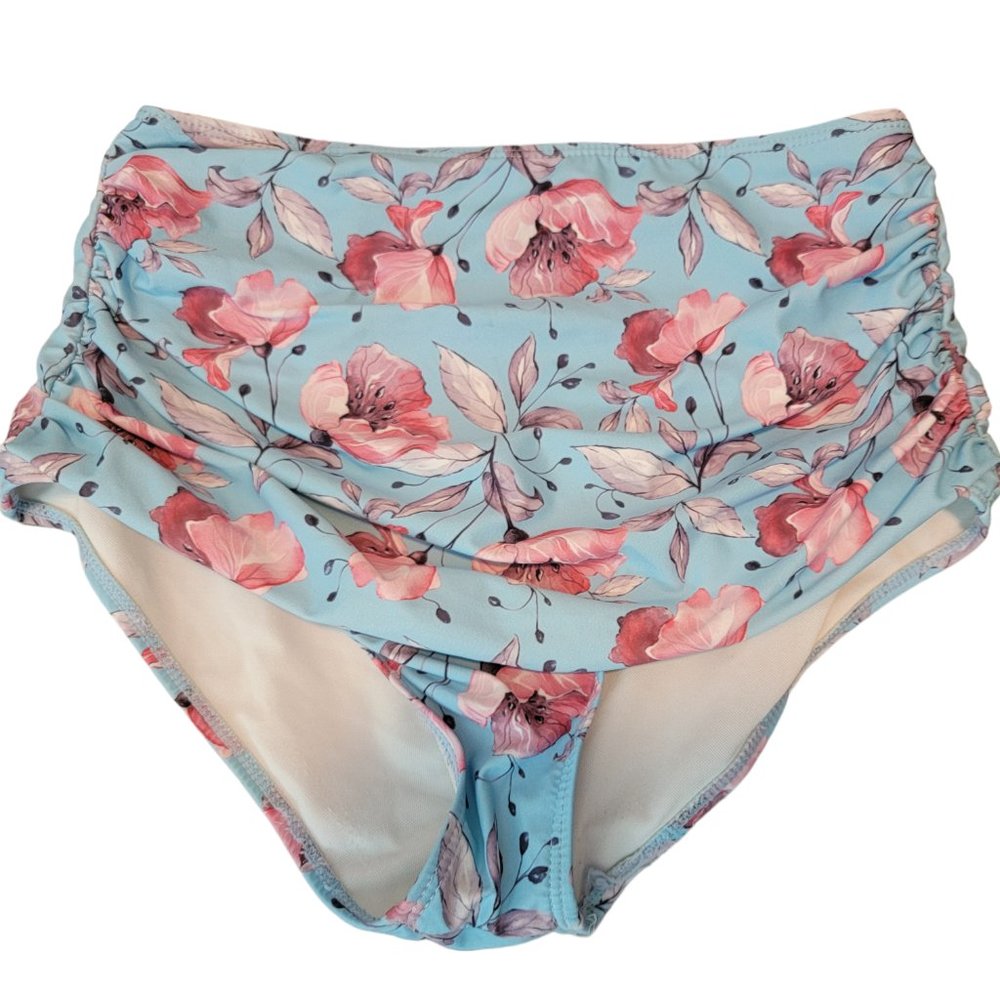 NWOT High Waist Ruched Pink Poppies Floral Bikini Bottom on Blue Base